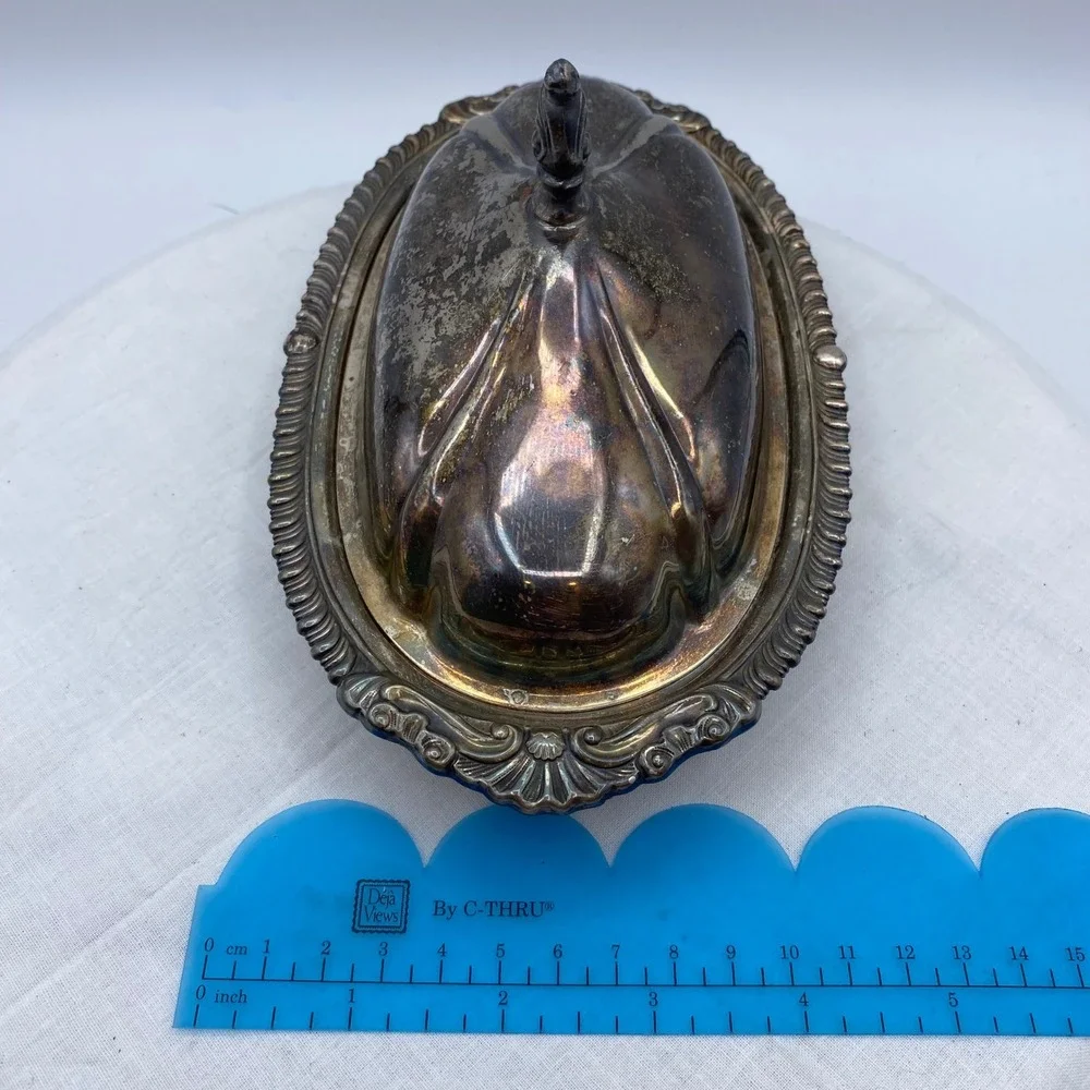 Vintage Sheridan Silver on Copper Oval Butter Dish Glass Insert Silverplate 9in